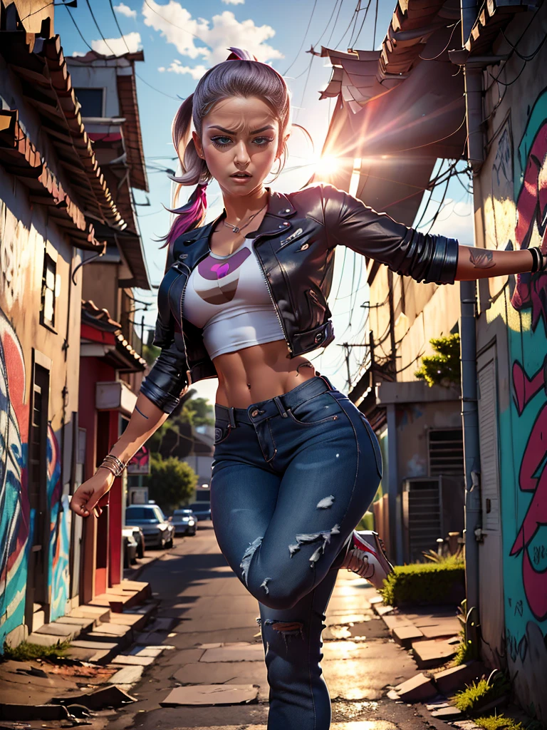 Very aesthetic inkpunk illustration, Alison Tyler, (((standing straight legged high kick with one foot touching the ground and the other foot pointing at the heavens))), sentada em uma cadeira simples, corpo inteiro, separated-lips, ,(((jaqueta de couro preta com rebites))) , ripped jeans, camiseta branca, , fundo da parede com graffiti, Arte por Mschiffer, white revealing clothing, long double ponytails