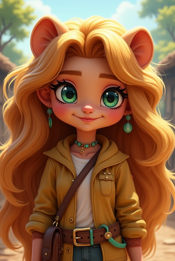 A child character with Hair: Arabela has long hair, voluminous and flowing, that resemble a lion's mane. They are probably a vibrant color, like a light brown or golden, reflecting his vain personality and wild energy.eyeballs: Your eyes can be large and expressive, with a bright color like emerald green or light blue, conveying both his curiosity and his rebellious spirit.Skinned: Your skin can have a healthy, tanned tone, result of an active outdoor life in the village.muka: Arabela may have an attractive face, with striking and well-defined features, like high cheekbones and a confident smile that she likes to show off. Your facial features reflect your vanity, with a youthful charm and a touch of impetuosity.