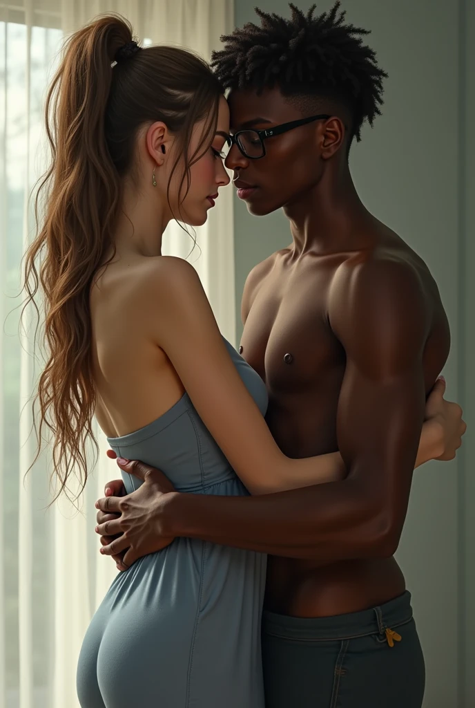 Create a photo of a 30 year old young woman, with long light brown hair tied in a ponytail with a lock of hair over her face, slender and beautiful body, completely naked, with white and clear skin, is facing the camera and being hugged and lifted by the waist by a black teenager, dark-skinned, obese, did, lowrise, with short hair who is wearing a blue dress and glasses