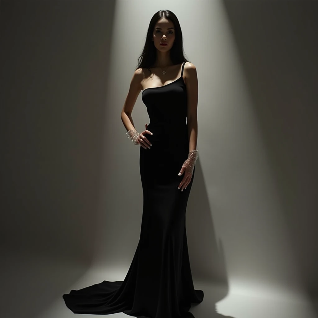24mm high key film noir novel, long shot still masterpiece, young Italian woman with stunning straight black hair, wearing polycarbonate cocktail, floor length sleeveless one-shoulder evening gown with transparent gloves and wrists, styled by Patrick Nagel. Big Prominent chest, definite chest curve