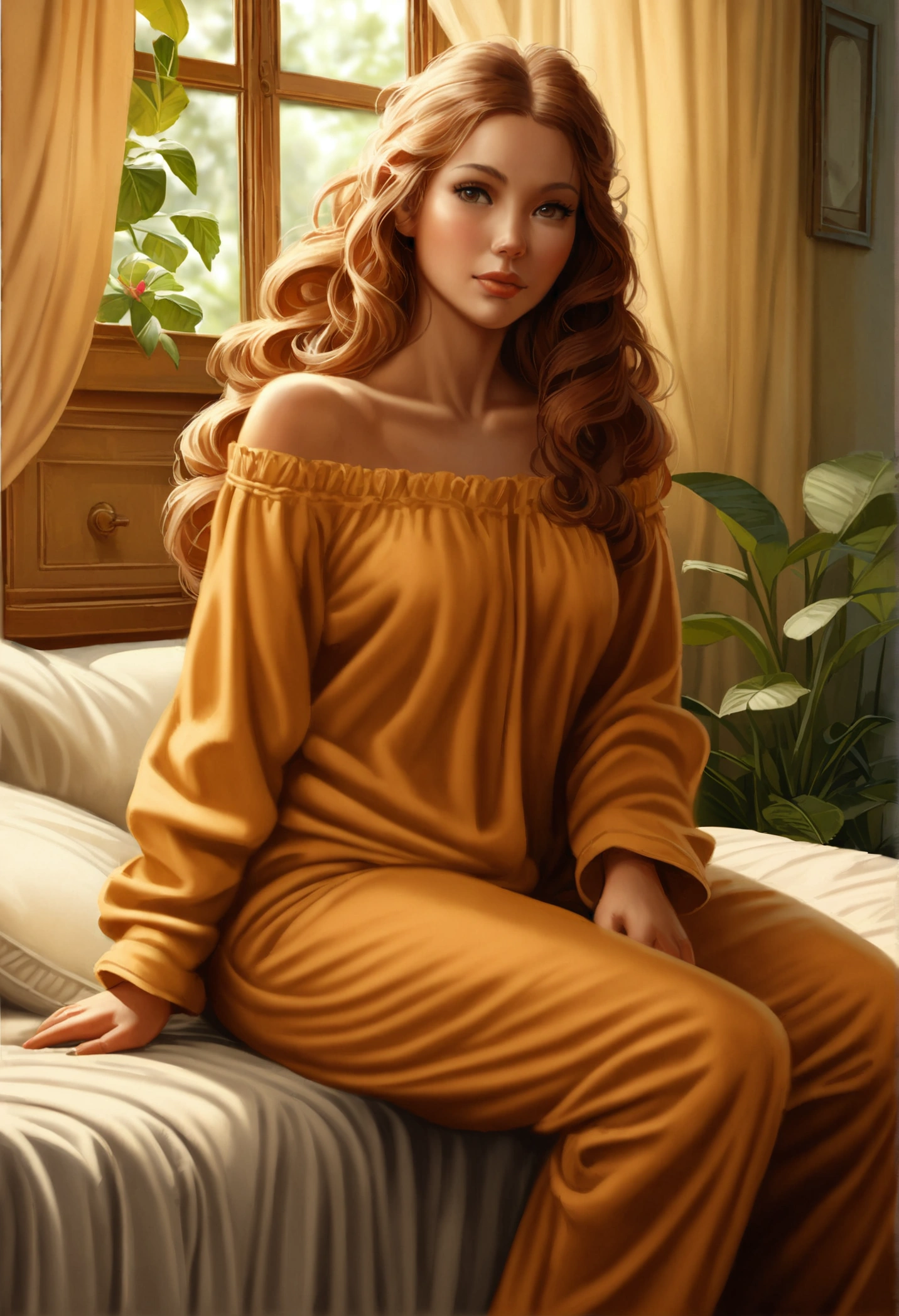 (photorealism:1.2), beautiful woman, sitting on bed, wearing loose off-shoulder top, pajama pants, long curly hair, indoors, soft lighting, plants in background, window with sunlight, cozy room, relaxed pose, realistic, intricate details, warm colors, by Greg Rutkowski, by Alphonse Mucha