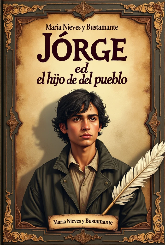 Image of a book titled "Jorge, The Son of the People", in Spanish with the name of Maria Nieves and Bustamante on the cover. at your side, a quill and an inkwell, symbols of his legacy 
