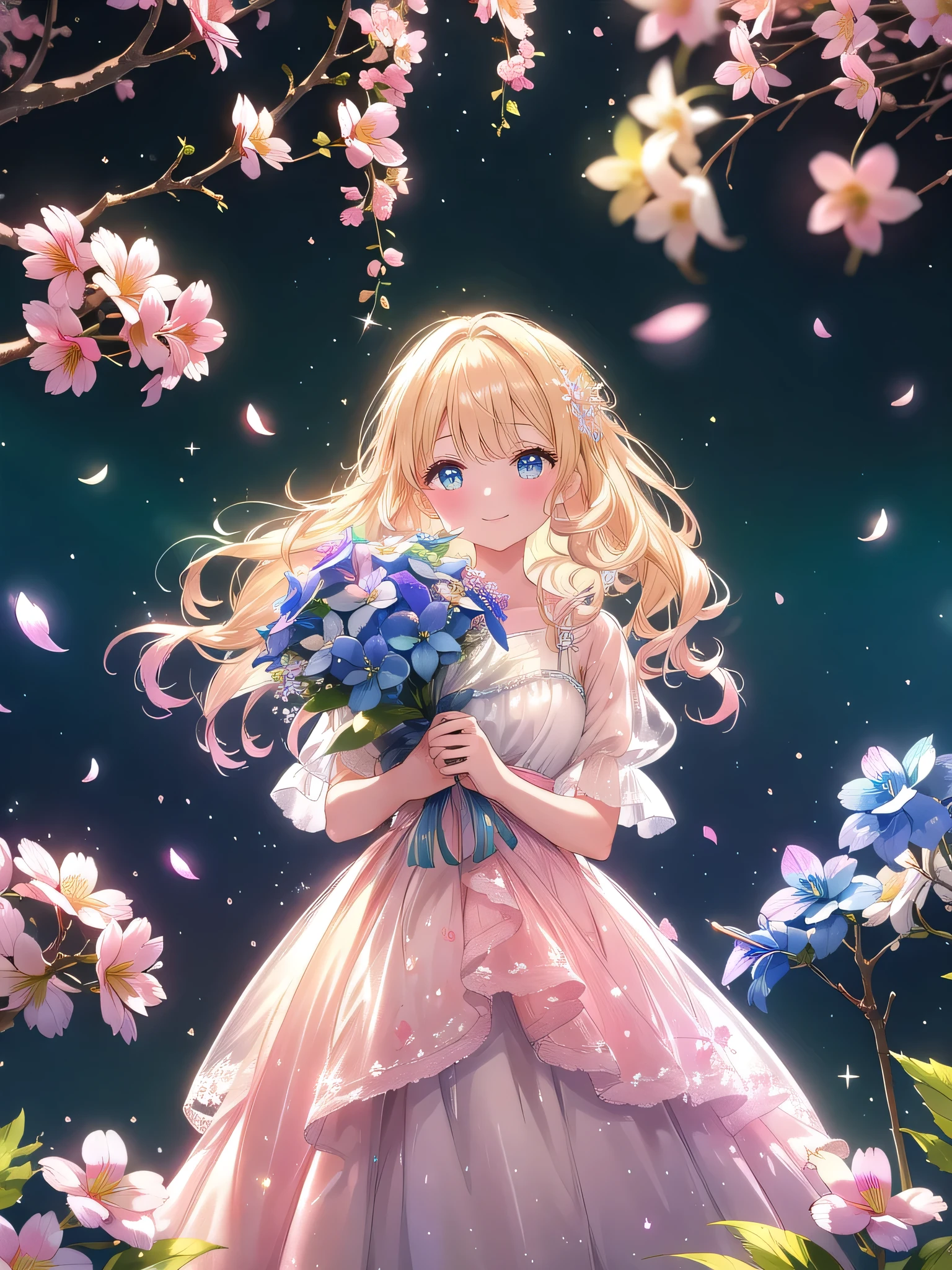 ((8k, Highest quality, masterpiece: 1.3)),Ultra-high resolution,(1 girl, alone), (Color changing eyes, Ultra-detailed, Expressive brilliance, Glitter, Glowing Eyes), Highly detailed eyes, Highly detailed face, Random Hair, ((pastel colour))Imagine a woman in a lush garden during springtime, surrounded by blooming cherry blossom trees and colorful flower beds. She’s holding a large, exquisite bouquet of pink cherry blossoms, mixed with light blue delphiniums and white orchids, wrapped in a soft, sheer pink fabric with a delicate ribbon. The bouquet is voluminous and gracefully arranged, exuding a sense of elegance and natural beauty. She’s dressed in a simple, light green sundress with a subtle floral pattern, her medium-length blonde hair styled in soft waves that catch the gentle breeze. She extends the bouquet toward the camera with both hands, her smile radiant and her eyes filled with joy, as if she’s about to hand over the bouquet in a heartfelt gesture of congratulations. The background is filled with blooming trees, a small fountain, and birds chirping in the distance, with sunlight filtering through the blossoms, casting gentle sparkles that add a whimsical, fairy-tale quality to the scene.