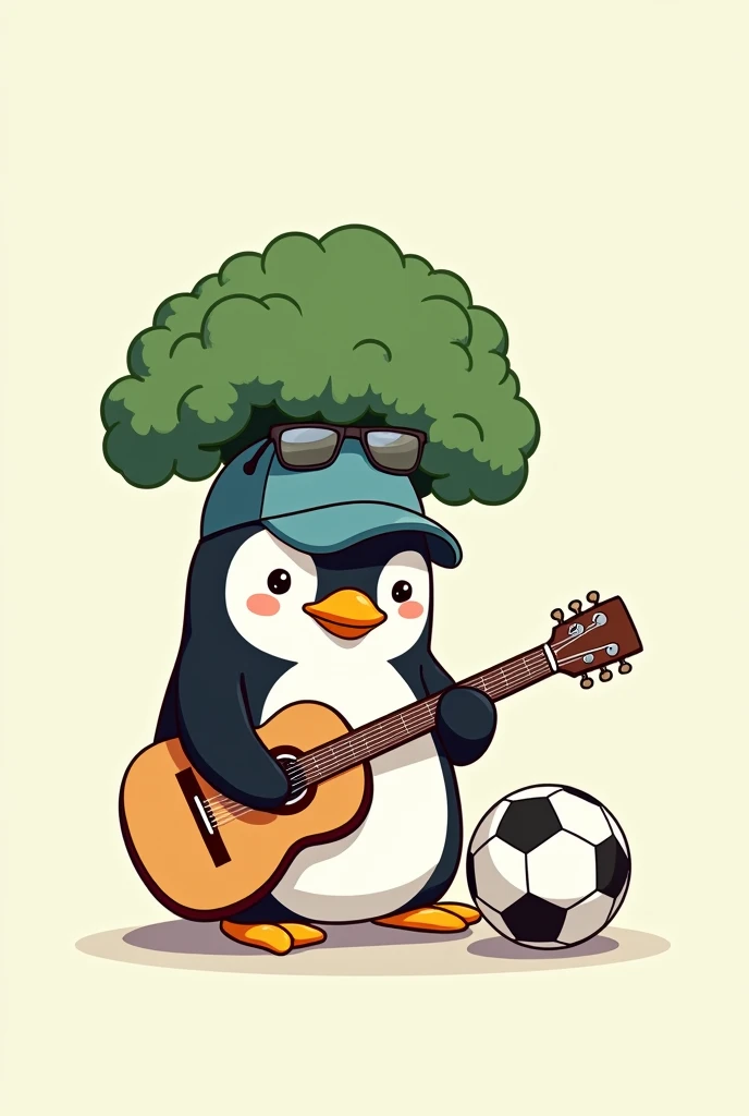 Penguin with a guitar, a soccer ball and a broccoli with glasses and a cap