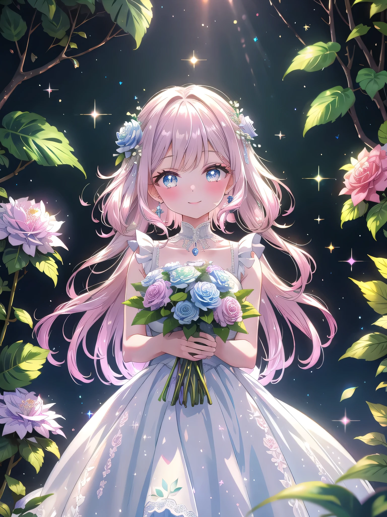 ((8k, Highest quality, masterpiece: 1.3)),Ultra-high resolution,(1 girl, alone), (Color changing eyes, Ultra-detailed, Expressive brilliance, Glitter, Glowing Eyes), Highly detailed eyes, Highly detailed face, Random Hair, ((pastel colour))Visualize a woman standing on a sunlit garden path, framed by blooming hydrangeas and roses. She’s holding a lush, voluminous bouquet of pink peonies and white roses, with soft greenery wrapped in elegant white lace. The bouquet is large, vibrant, and overflowing, almost reaching her chest, emphasizing the abundance and beauty of the flowers. She’s dressed in a sleeveless light blue dress with a subtle floral pattern, tailored to fit just above the knee, complementing the garden setting. Her long, dark hair is styled in loose waves, with a small, delicate hairpin on one side. She faces the camera directly, her smile warm and genuine, her eyes sparkling with joy as if she’s about to present the bouquet to a dear friend. The background features soft sunlight filtering through the leaves, and the angle captures her upper body and face clearly, with gentle light sparkles enhancing the celebratory mood.