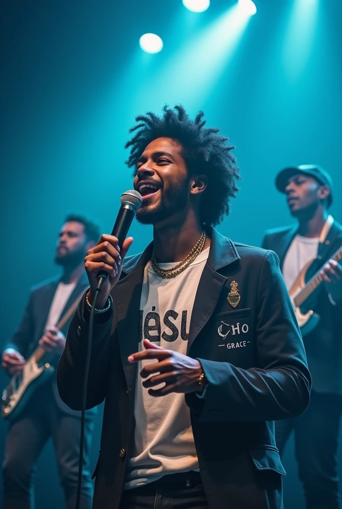 (Maximum quality, work of art: 1.3), : 1.3, (holding microphone: 1.2), brown male singer, curly hair, Shirt with Jesus written on it Grace Echo, comely, cerulean, Face ultra detailed, band playing behind detailed, praising God, feeling the presence of God. , coat with Echo Grace written on it, singing pop