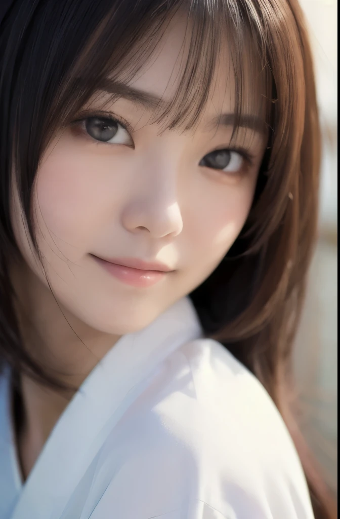 best quality, face focus, soft light, ultra high res, (photorealistic:1.4), RAW photo,(Shinozaki Ai), (fair skin), (kawaii),
1 Japanese girl, solo, cute, smile, (pupil, lights in the eyes), detailed beautiful face, Medium-sized breasts,(high resolution detail of human skin texture),(long hair),(portrait), upper body, white traditional kimono