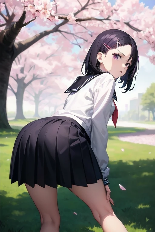 Very detailed, highest quality, High resolution, Moe Anime, ((A cute girl with black hair and droopy eyes looks back)), (Baby Face), Blue Eyes, View your viewers, Pale skin, Focus on the face, In the park with cherry blossoms falling, (On all fours:1.4), (((From the back:1.2))), ((See-through sleeveless sailor suit)), Bright Eyes, Pink ribbon, ((Small Ass:1.4)), ((See-through white lace panties)), ((nfsw)), ((Very short hairstyle:1.4))