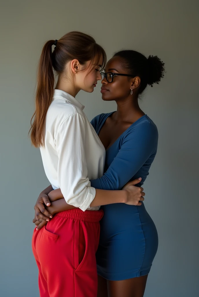 Create a photo of a 30 year old young woman, with long light brown hair tied in a ponytail with a lock of hair over her face, slender and beautiful body, wearing red sweatpants and an open white shirt without a bra with bare breasts, with white and clear skin, is facing the camera and being hugged and lifted up by a black teenager, dark-skinned, obese, did, lowrise, with short hair who is wearing a blue dress and glasses