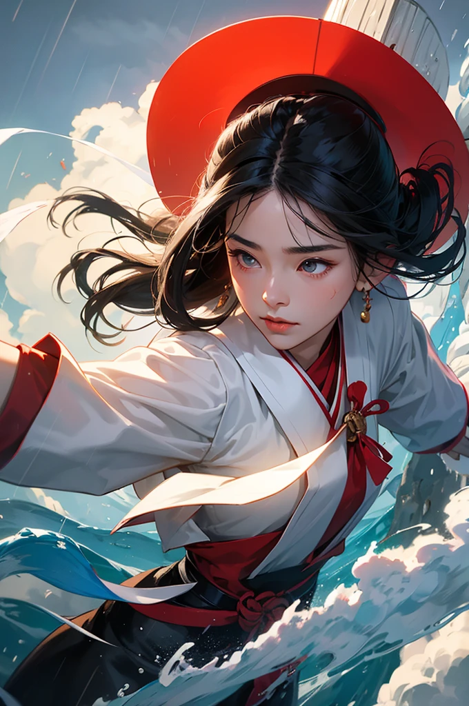 A bust-up of a beautiful black-haired shrine maiden who flies into the sky, manipulates water, and uses wind magic to blow away the rain, calling for the sun.