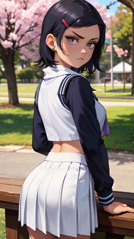 score_9, score_8_up, score_7_up, score_6_up, score_5_up, score_4_up, source_anime, aatomoyo, medium hair, black hair, hair clip, parted bangs, purple eyes, small breasts, serafuku, white sailor collar, white scarf, black shirt, long sleeves, pleated skirt, white skirt, hands behind back, from behind, leaning forward, standing, outdoors, cherry blossoms, serious look, sideways almost with her back turned, showing ass, looking at viewer