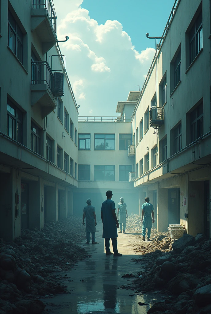 a clean, bright hospital contrasted with a dark, dirty environment filled with sick people make it little more dirty
