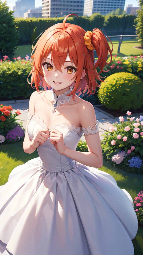 masterpiece, best quality, highres, aaritsuka, short hair, ahoge, hair scrunchie, orange scrunchie, smile, city, garden, wedding dress, off the shoulder