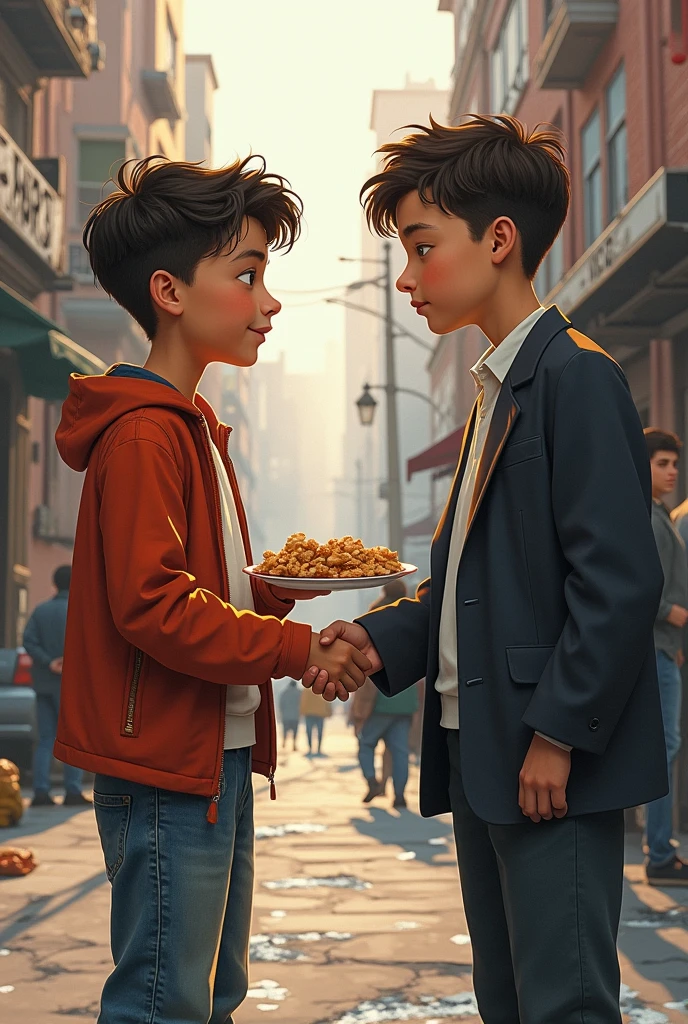 The image will have 2 scenes,The first one is a boy offering food to a homeless man ,The second,A boy shaking hands with an adult man but not so lively and the scenes do not have the same background