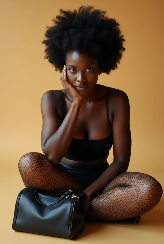 In the center of the image is the upper body of a black woman.The woman is wearing fishnet tights and a miniskirt.The woman's hair is in an afro style and her expression is serious.The woman is in a posture as if supporting her head with both hands and has a black bag on her lap.The background is a simple beige color, accentuating the woman's presence.Overall, the photo gives the impression of a strong female presence.