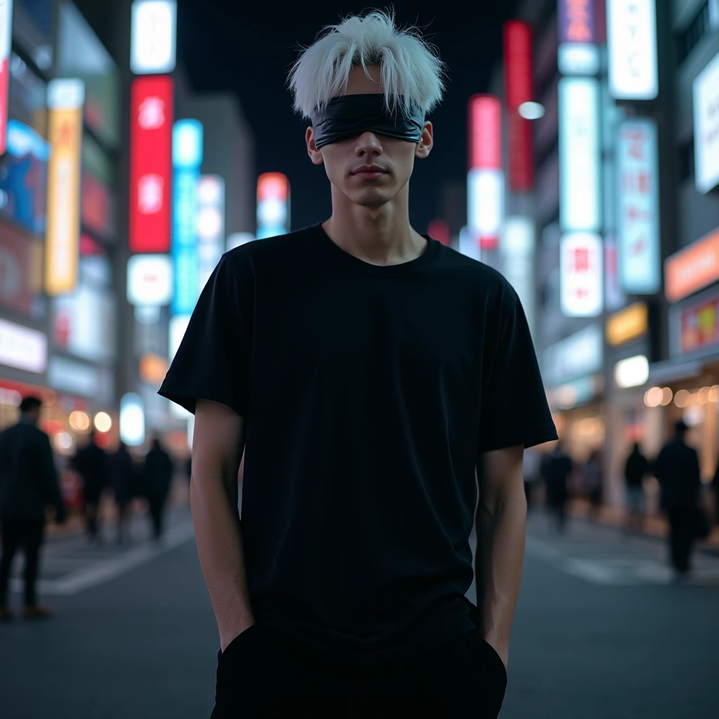 A full-body photograph of a tall, slender man with delicate features. He has completely white, slightly messy hair that falls over his forehead, and his eyes are covered by a black blindfold. He is wearing an all-black outfit composed of a black t-shirt and matching pants, giving him an elegant and imposing appearance. He is smiling confidently. The setting is nighttime in Shibuya, Japan, with the city's bright neon lights illuminating the scene. The photo is styled like a professional photoshoot, with a sharp focus on the subject, capturing his charismatic and powerful personality