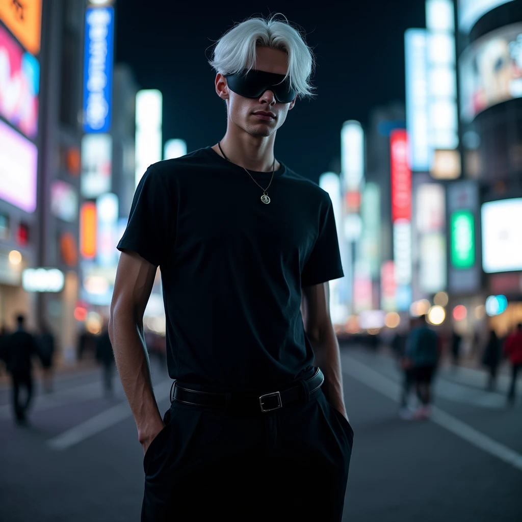 A full-body photograph of a tall, slender man with delicate features. He has completely white, slightly messy hair that falls over his forehead, and his eyes are covered by a black blindfold. He is wearing an all-black outfit composed of a black t-shirt and matching pants, giving him an elegant and imposing appearance. He is smiling confidently. The setting is nighttime in Shibuya, Japan, with the city's bright neon lights illuminating the scene. The photo is styled like a professional photoshoot, with a sharp focus on the subject, capturing his charismatic and powerful personality