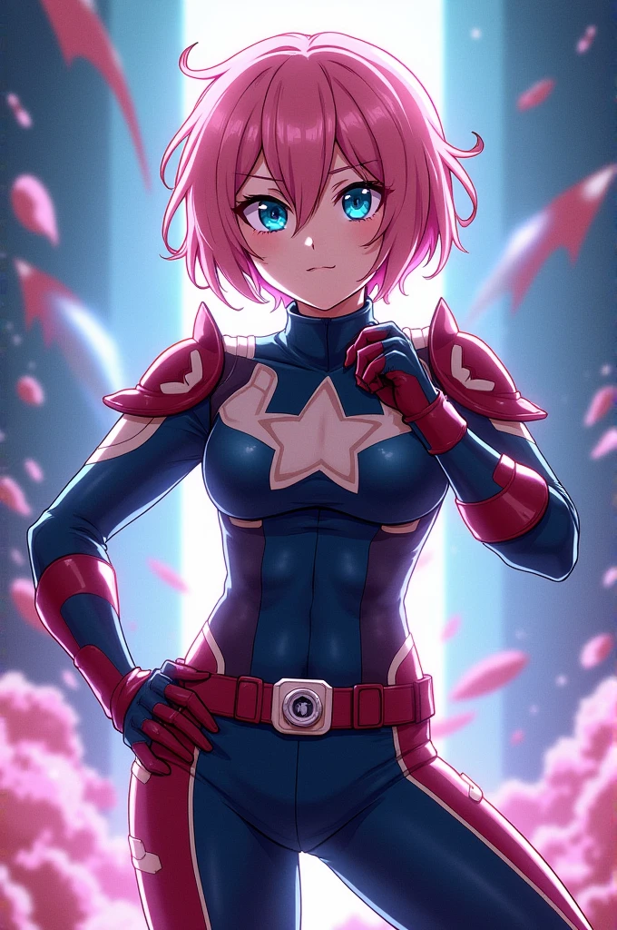 Hero costume for a girl with short pink hair and blue eyes, The hero suit has to be inspired by my hero academia