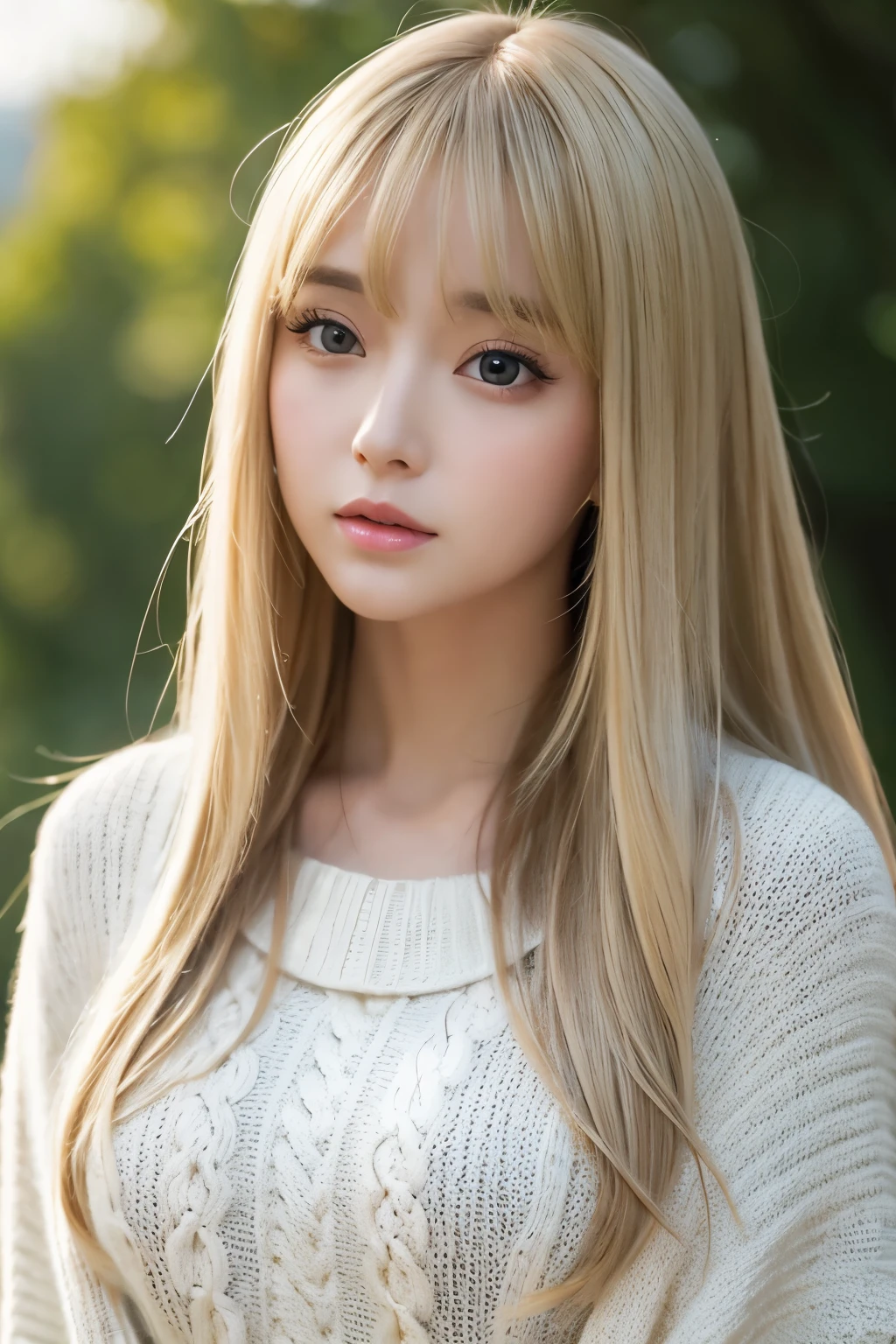 masterpiece, Highest quality, 1 person, Adult, woman, alone, Long blonde hair, Big eyes、Double, View your viewers, Cape, Mouth closed,A little sad、 whole body, bangs, High collar,(KBXLL-san:0.6), Highly detailed hair、Very fine eye、plump lips、Ample breasts、valley、White sweater、Very realistic、Very fine skin