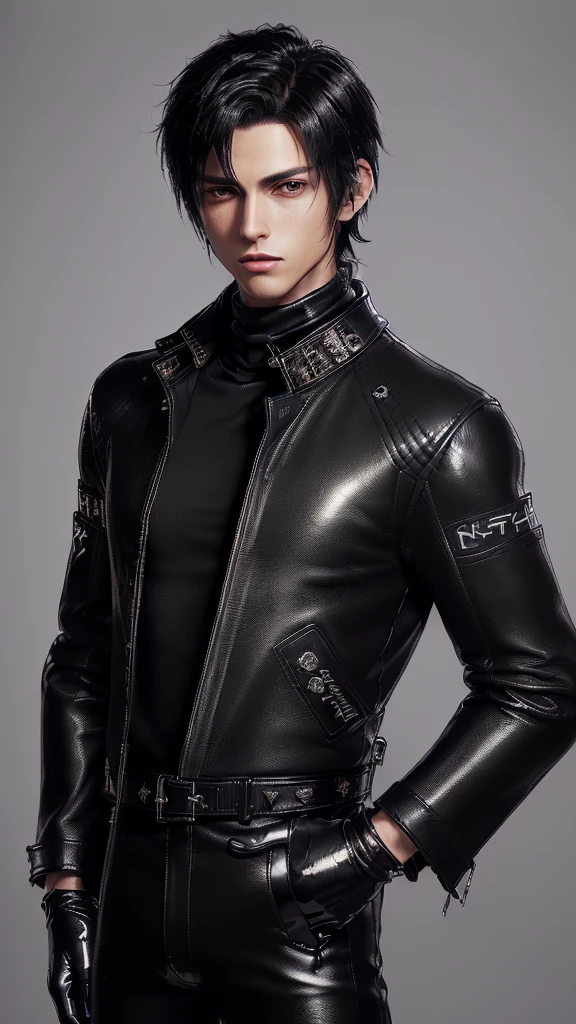 ((Final fantasy taste and reality graphics)), ((Japanese young cute and cool ikemen  boy)), his age is early 20s, thin eyebrows and beady eyes,  ((((he wearing black color leather very thick single-brest jacket)))),((((leather jacket is smooth luster and shiny)))), ((jacket with epaulet)), ((leather jacket close all zippers)),, ,(( jacket collar is very high length stand-up collar with belts)), , (((also wearing black color turtleneck polyester shirts))),  (((tight black and leather pants))), ((((black leather tight and thin glove)))), ((black color leather knee-high raceup boots)),((show the boy whole body)), boy looks like fashion model,Do not show skin from the neck down,(((all his clothes are smooth design and very shining))),(((Avoid adding unnecessary decorations to your clothes))),(((all clothes is simple design and appearance))),(((don't wear jewelry on all clothes)))