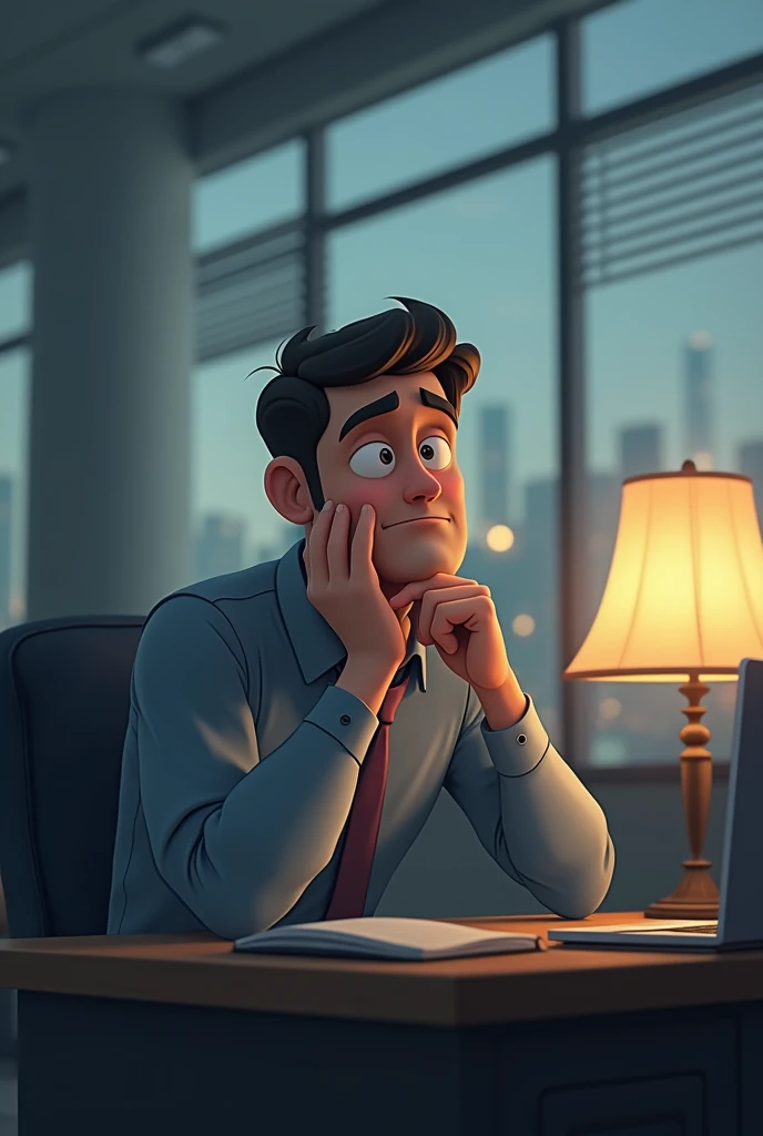 Create an animated image of a sitting man, thinking with dejection about moving up to the position of supervisor in the company where he works, very happy with the opportunity gained, but also fearful of the challenges that lie ahead