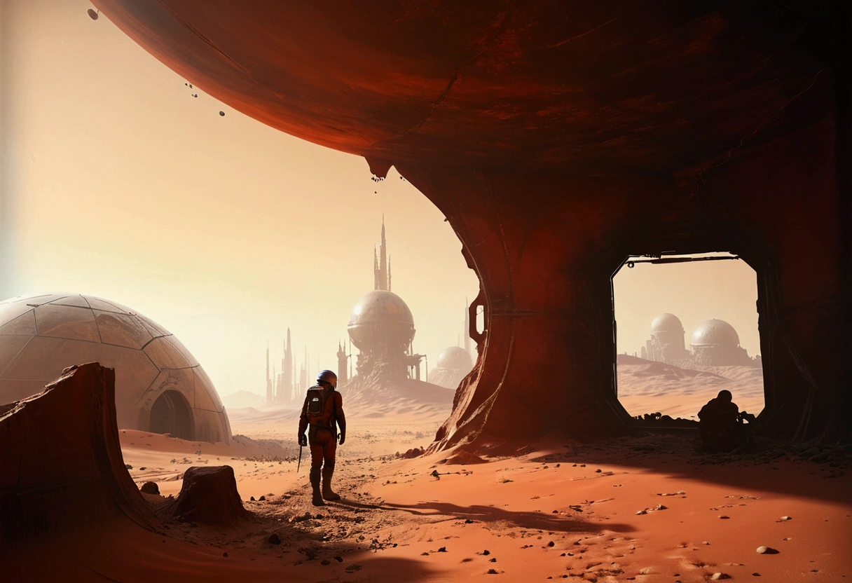 a man in a helmet walks through a desert area with a giant dome, martian city, inspired by Martin Deschambault, dan mcpharlin, abandoned on mars, mars colony, by Christopher Balaskas, martian architecture, award winning scifi art, mars city, standing on a martian landscape, sci-fi illustrations, sci - fi illustrations