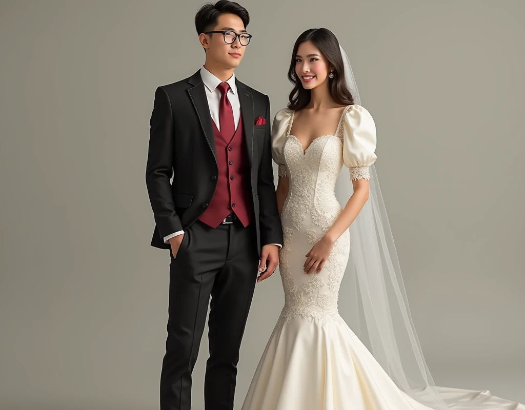 Create a photorealistic groom's attire. A black suit with burgundy outlining, with white long sleeve and burgundy vest and burgundy necktie and black pants with black shoes. The suit is for a 5feet filipino male, 80kilograms weight and light brown skin with black eyeglasses.
Together is a bride wedding gown. An off white puff sleeve square neck mermaid mikado dress for a 5feet filipina.