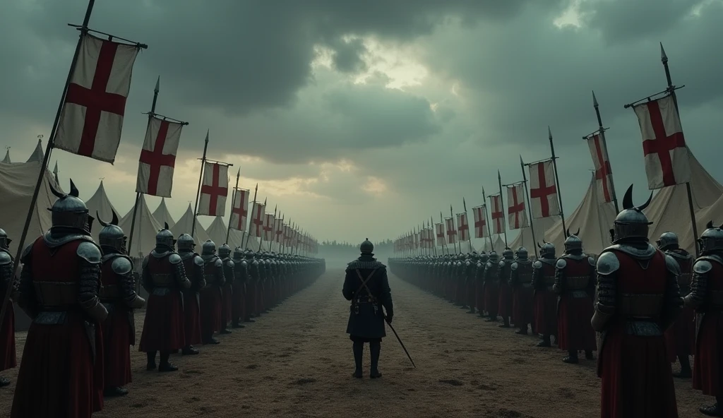 In a somber, cinematic setting, English troops are depicted in meticulous preparation for war. The scene is set within a sprawling military camp under a brooding sky, with dark, foreboding clouds overhead. Soldiers in polished armor and chainmail engage in rigorous drills, their movements precise and disciplined. The camp is alive with the clang of swords and the rhythmic pounding of blacksmiths shaping weapons. Tents are arranged in orderly rows, and the ground is marked with training patterns. Officers oversee the preparations with stern expressions, ensuring every detail is perfect. Banners displaying the English cross are prominently displayed, fluttering against the dim light. The entire composition, with its detailed textures and rich contrasts, captures the intense atmosphere of impending conflict, rendered in the evocative style of Edmund Blair Leighton., Surrealism, Hyperrealism, UHD, retina, masterpiece, accurate, anatomically correct, textured skin, super detail, 16k