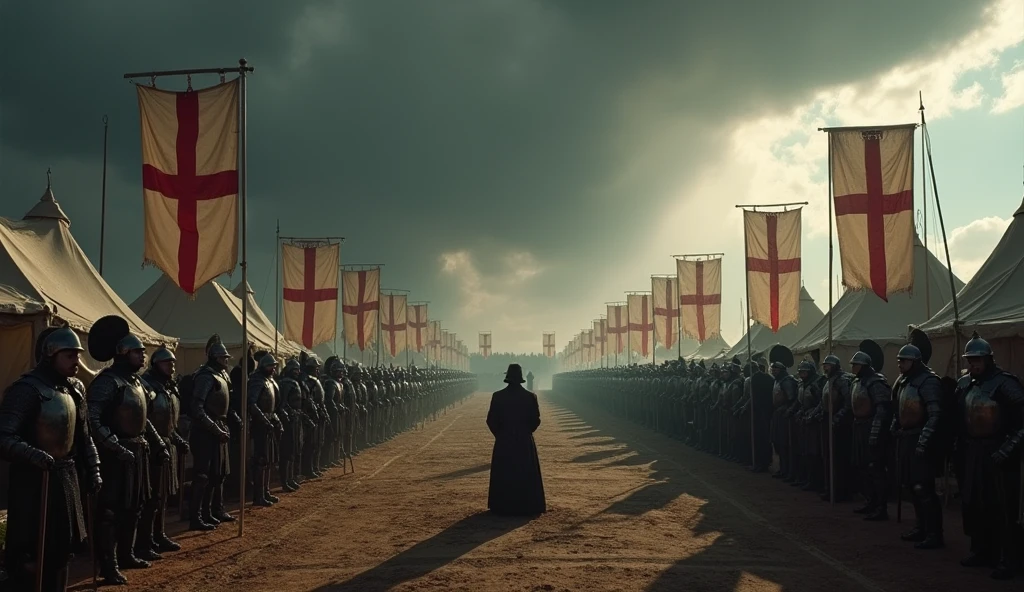 In a somber, cinematic setting, English troops are depicted in meticulous preparation for war. The scene is set within a sprawling military camp under a brooding sky, with dark, foreboding clouds overhead. Soldiers in polished armor and chainmail engage in rigorous drills, their movements precise and disciplined. The camp is alive with the clang of swords and the rhythmic pounding of blacksmiths shaping weapons. Tents are arranged in orderly rows, and the ground is marked with training patterns. Officers oversee the preparations with stern expressions, ensuring every detail is perfect. Banners displaying the English cross are prominently displayed, fluttering against the dim light. The entire composition, with its detailed textures and rich contrasts, captures the intense atmosphere of impending conflict, rendered in the evocative style of Edmund Blair Leighton., Surrealism, Hyperrealism, UHD, retina, masterpiece, accurate, anatomically correct, textured skin, super detail, 16k