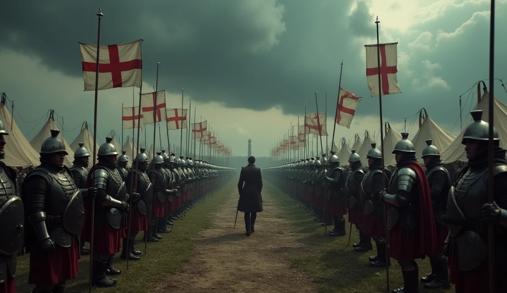 In a somber, cinematic setting, English troops are depicted in meticulous preparation for war. The scene is set within a sprawling military camp under a brooding sky, with dark, foreboding clouds overhead. Soldiers in polished armor and chainmail engage in rigorous drills, their movements precise and disciplined. The camp is alive with the clang of swords and the rhythmic pounding of blacksmiths shaping weapons. Tents are arranged in orderly rows, and the ground is marked with training patterns. Officers oversee the preparations with stern expressions, ensuring every detail is perfect. Banners displaying the English cross are prominently displayed, fluttering against the dim light. The entire composition, with its detailed textures and rich contrasts, captures the intense atmosphere of impending conflict, rendered in the evocative style of Edmund Blair Leighton., Surrealism, Hyperrealism, UHD, retina, masterpiece, accurate, anatomically correct, textured skin, super detail, 16k