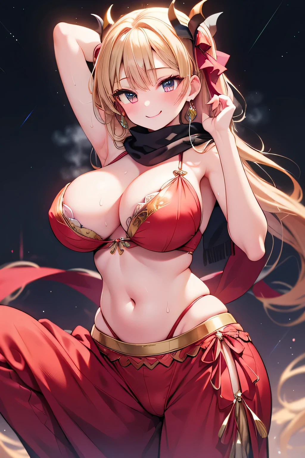 Anime illustration、High resolution、smile、A busty, chubby dancer spreads her legs and dances in an Arabian palace late at night、Oriental dance costume、Harem pants、pip scarf、Ereshkigal、Perfect proportions、Cowboy Shot、Sharp Eyes、Sweaty