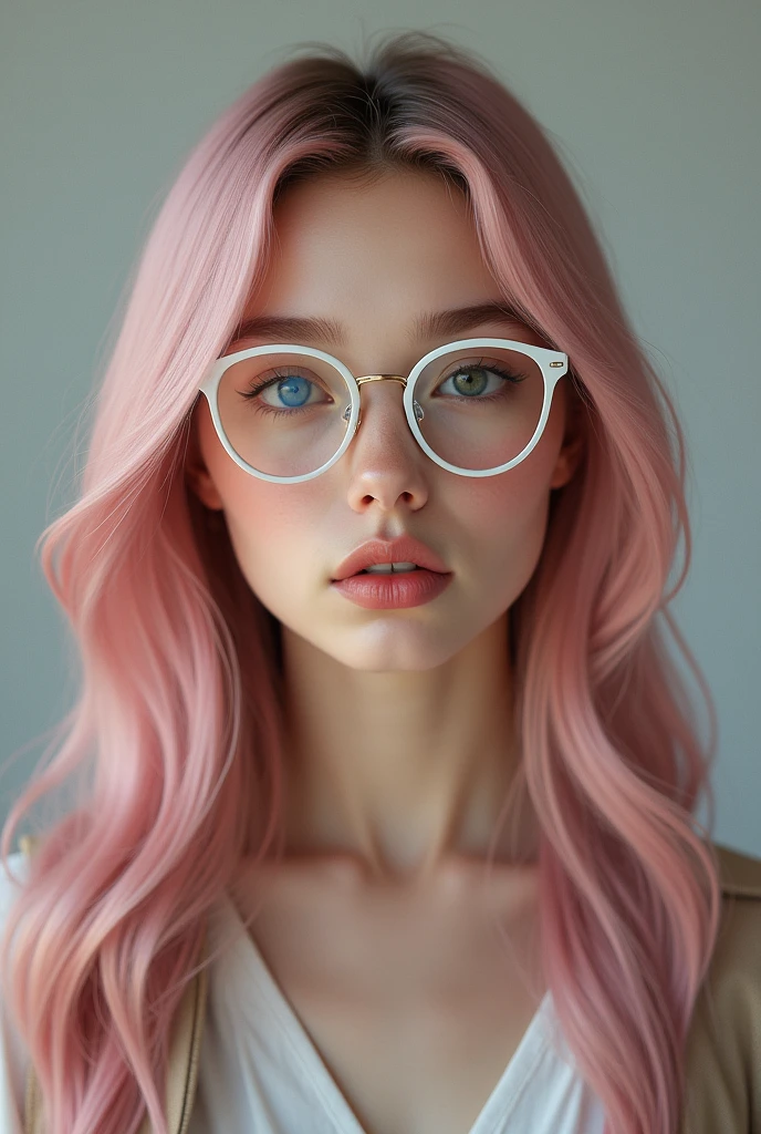 young woman, Caucasian skin, long light pink hair, rosy lips and cheeks, eyes black. Her expression is soft, but serious. She wears white-framed prescription glasses.. She is dressed like a college girl and looks smart.. She is extremely realistic. 
