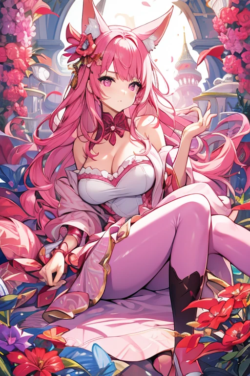 An adult woman with pink eyes, long bright pink hair with fox ears. Wears an elegant dress. She must be wearing a pink leggings. she comes from wonderland