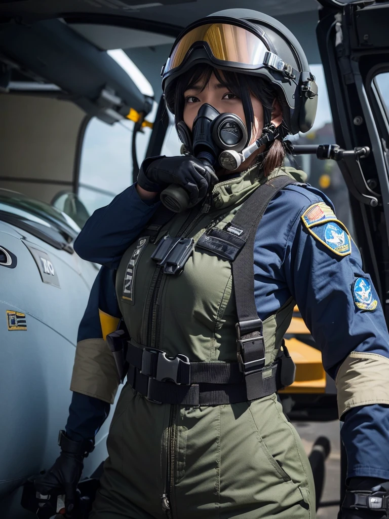 A female air force soldier wearing a helmet and pilot suit fighting in a fighter jet,Thick harness belt,Gas mask with regulator,