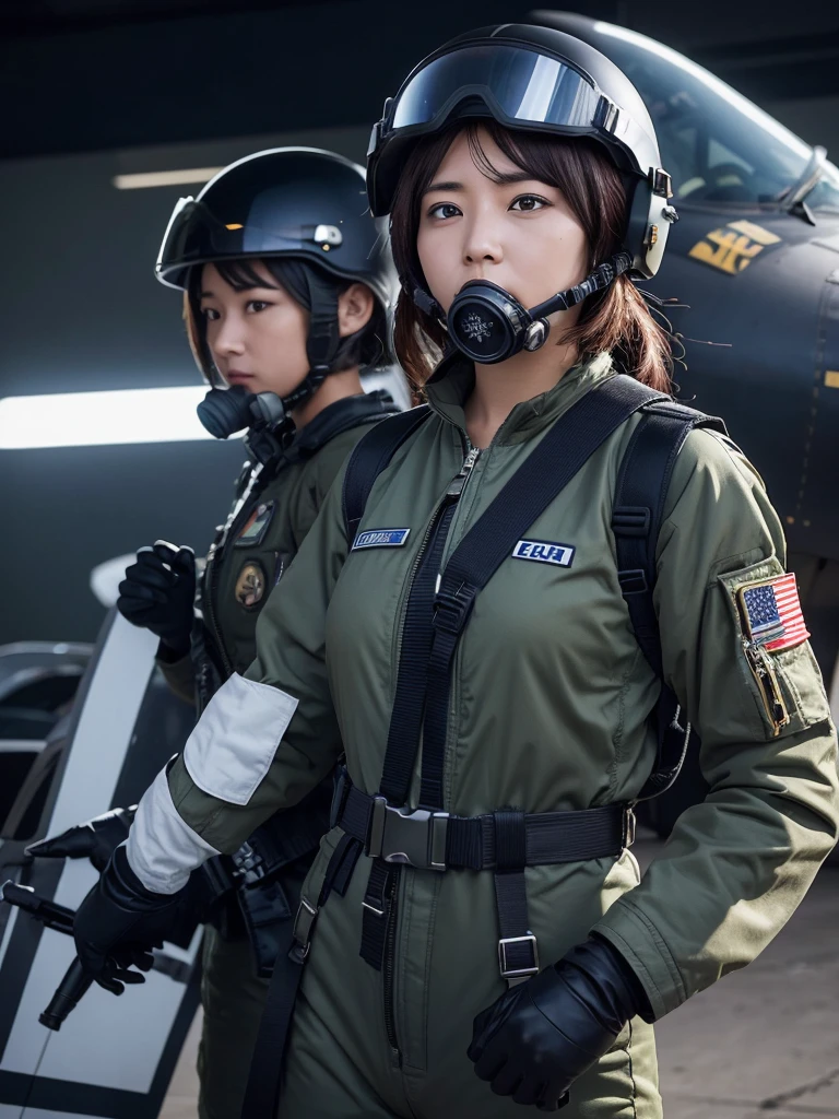 A female air force soldier wearing a helmet and pilot suit fighting in a fighter jet,Thick harness belt,Gas mask with regulator,