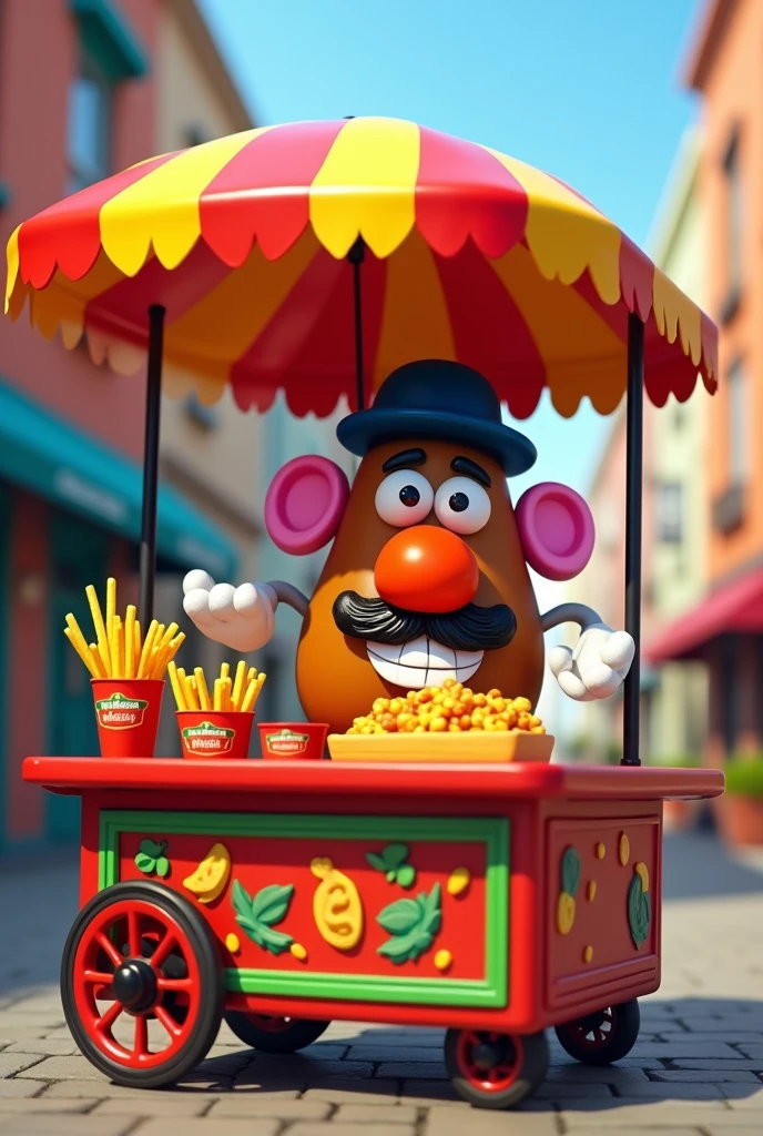 Mr. Potato Head cooking crazy fries in a food cart with a roof