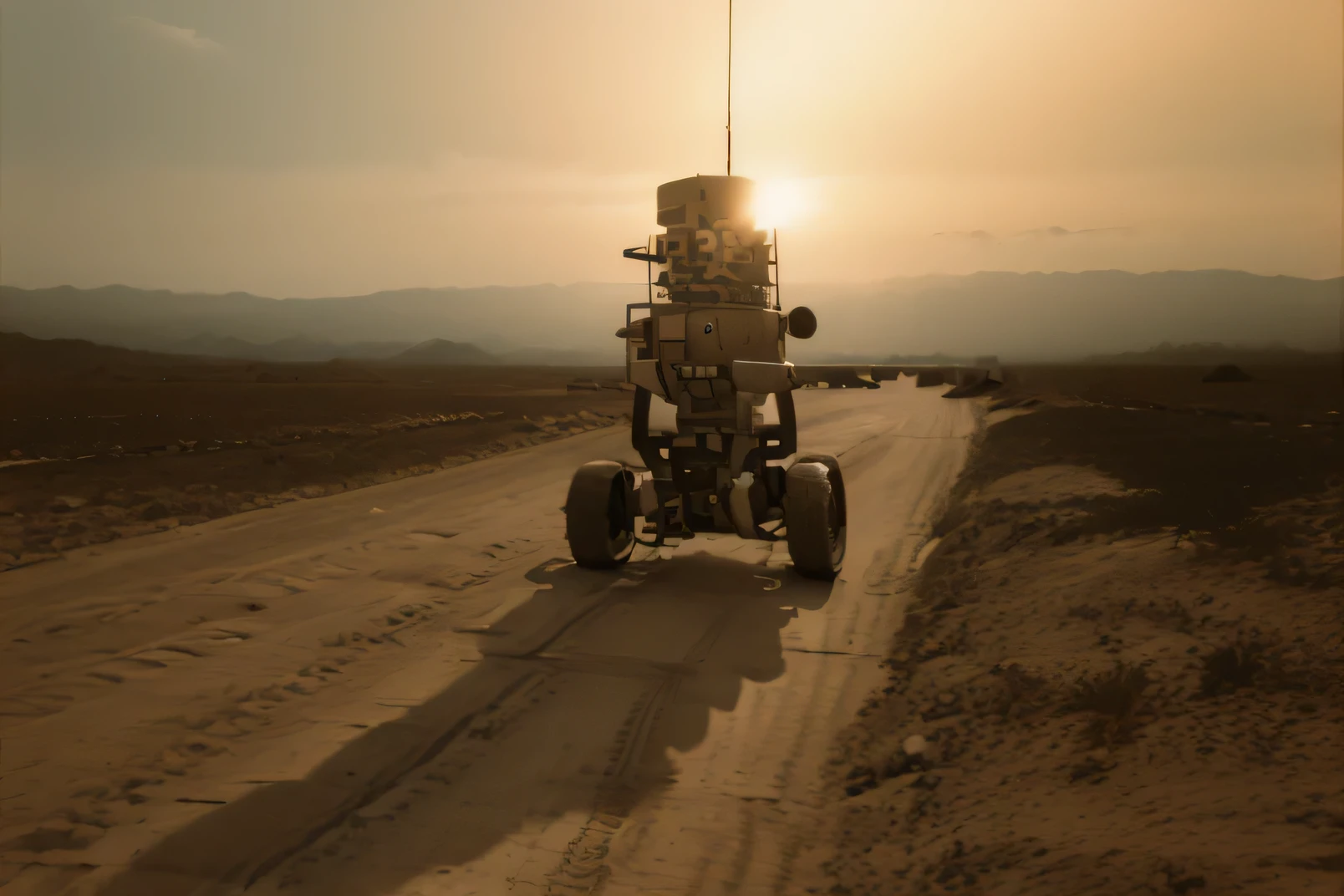 surface of planet mars, death robot, sunset
