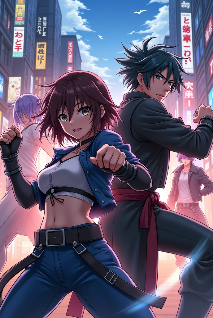 Create an anime book cover, with the city of Tokyo in the background and several male and female fighters, put woman and man