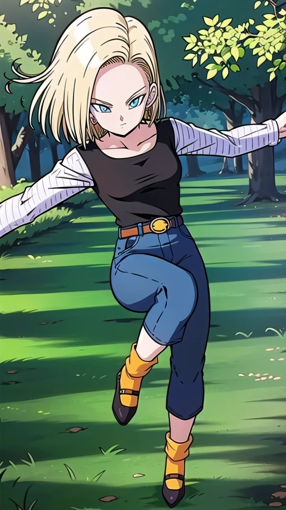 masterpiece, detailed face,
android 18, medium breasts, buu saga, , 1girl, solo, looking at viewer, short hair, blue eyes, blonde hair, collarbone,
field, trees, forest, full body, hovering,
midair,
black shirt, long sleeves, striped sleeves, hoop earrings, shoes, orange socks, belt, high waist pants,