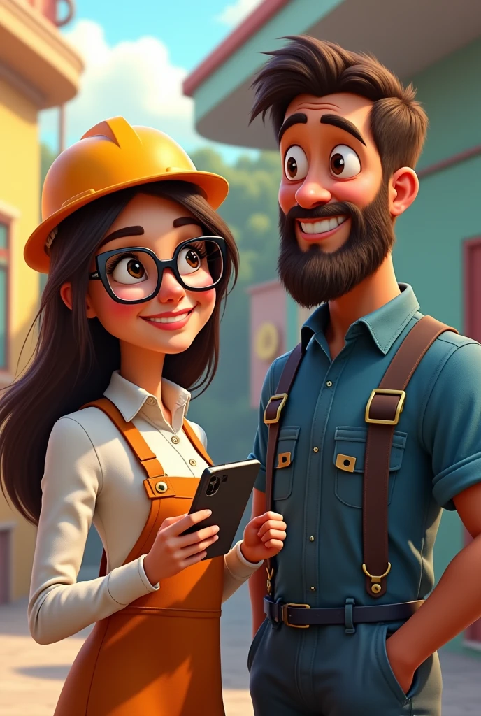 Couple in pixar mode, woman by profession auditor, with glasses, straight brown hair and electrician technician man , brown skin,beard chin