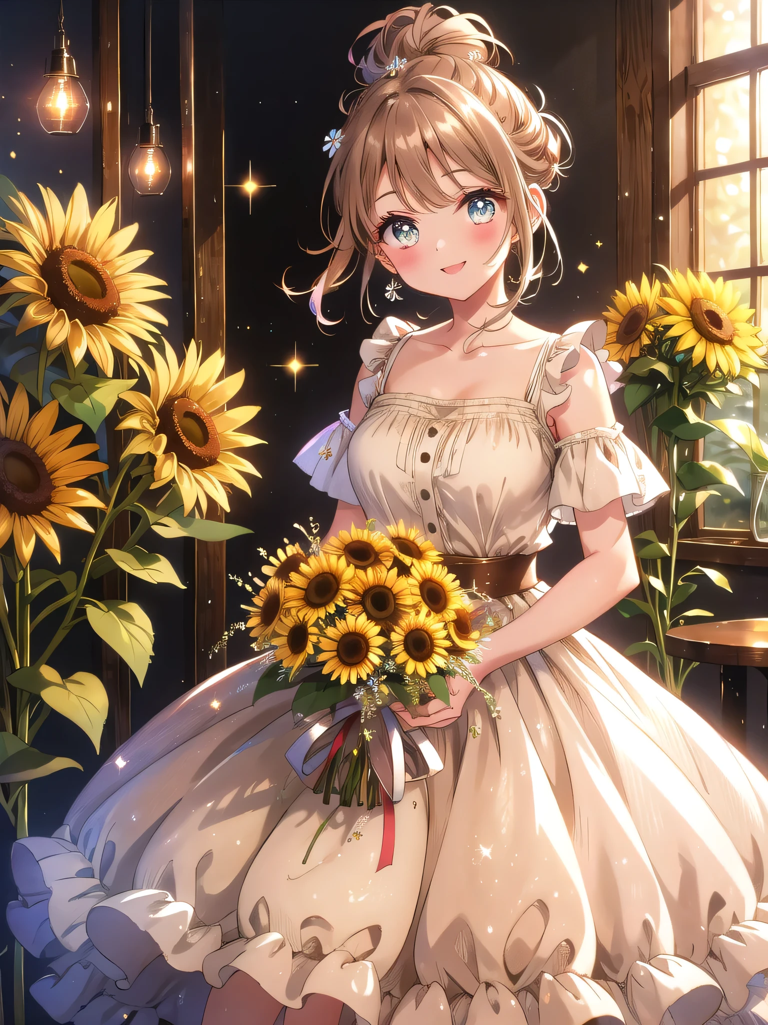 ((8k, Highest quality, masterpiece: 1.3)),Ultra-high resolution,(1 girl, alone), (Color changing eyes, Ultra-detailed, Expressive brilliance, Glitter, Glowing Eyes), Highly detailed eyes, Highly detailed face, Random Hair, ((pastel colour))Picture a woman in a quaint, vintage café with rustic wooden furniture and soft, warm lighting. She’s holding an overflowing bouquet of mixed sunflowers, daisies, and wildflowers, wrapped in a rustic burlap cloth that matches the cozy, nostalgic atmosphere. The bouquet is large, with a wild, natural arrangement that spreads generously, almost reaching her shoulders. She’s dressed in a simple, sleeveless beige dress with a thin brown belt around the waist, and her hair is styled in a messy bun with a few loose strands framing her face. She stands facing the camera, her smile wide and genuine, her eyes reflecting joy and a touch of playfulness as she holds the bouquet forward with both hands, presenting it proudly. The background includes soft, ambient lighting, a small table with coffee cups, and vintage decor, with gentle sparkles adding a warm, magical touch to the scene.
