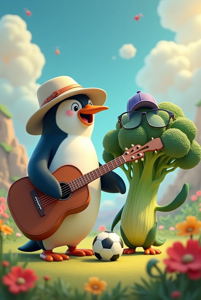 Penguin with a guitar, a soccer ball and his friend, a broccoli with glasses and a cap
