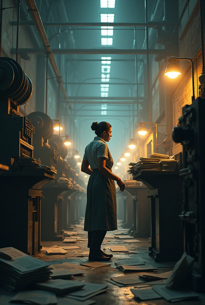Scene of Maria Nieves in a printing press, checking the pages of the newspaper while the workers print. The atmosphere is one of intense work
