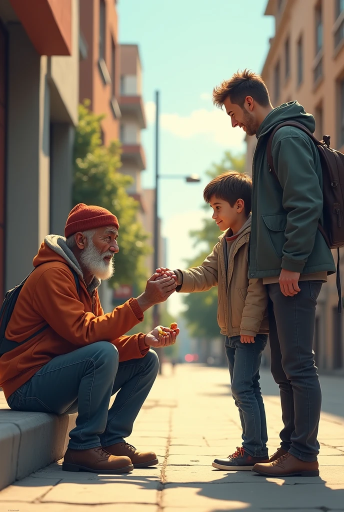 The image will have 2 scenes,The first scene is a boy offering food to a homeless man ,the second scene,A boy shaking hands with an adult man but not so lively and the scenes do not have the same background