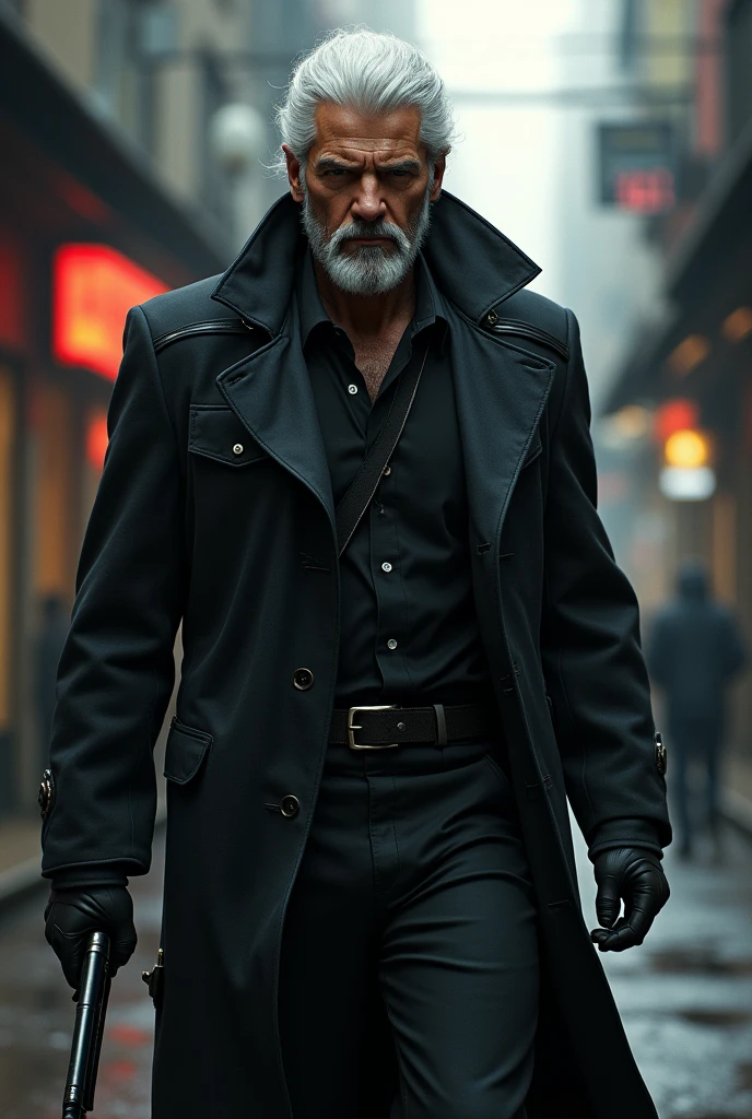 bounty hunter, with white hair, man and black clothes