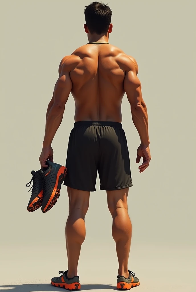 Imagine shirtless mexican soccer player holding his sneakers in hand. Back view