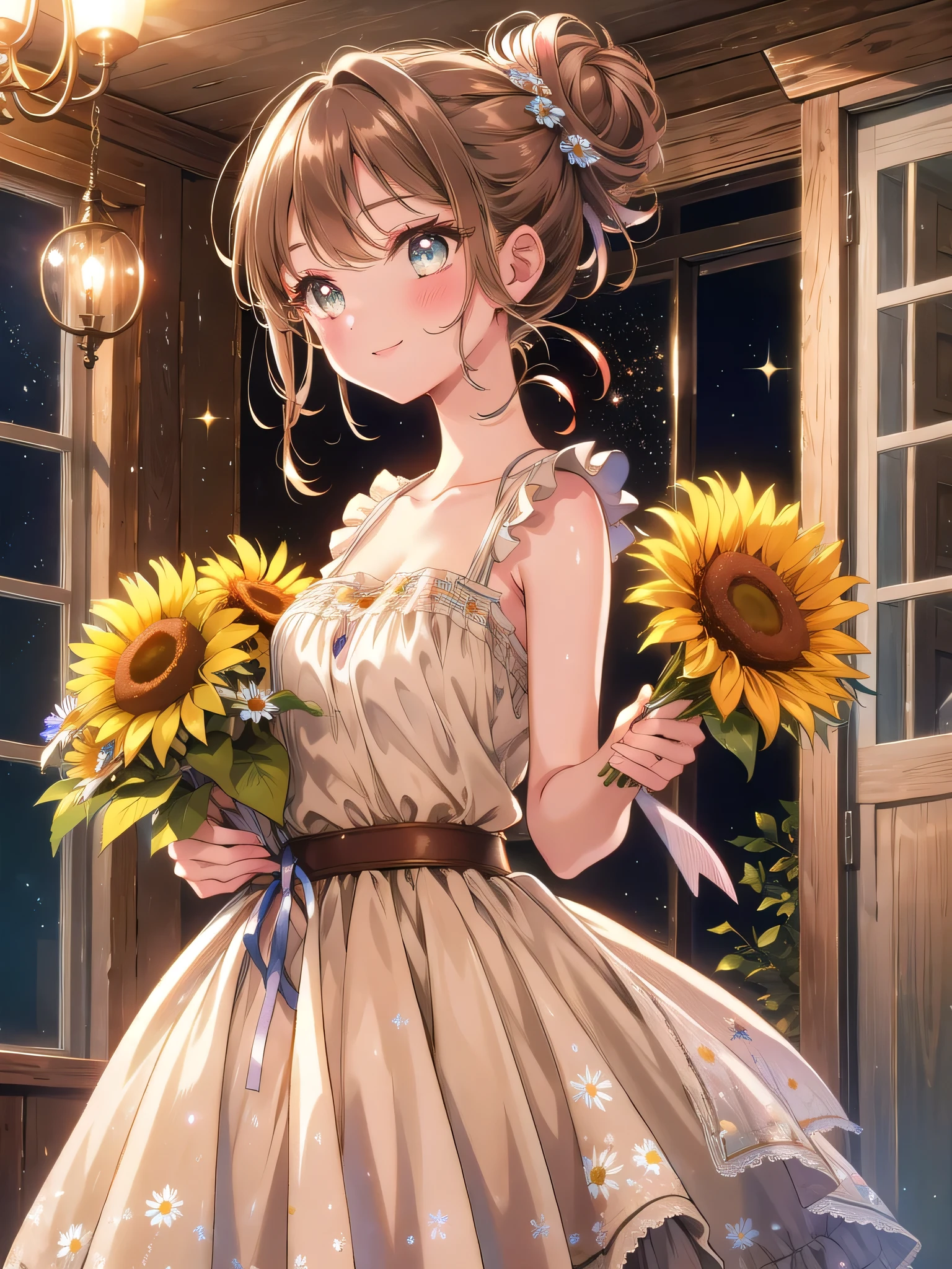((8k, Highest quality, masterpiece: 1.3)),Ultra-high resolution,(1 girl, alone), (Color changing eyes, Ultra-detailed, Expressive brilliance, Glitter, Glowing Eyes), Highly detailed eyes, Highly detailed face, Random Hair, ((pastel colour))Picture a woman in a quaint, vintage café with rustic wooden furniture and soft, warm lighting. She’s holding an overflowing bouquet of mixed sunflowers, daisies, and wildflowers, wrapped in a rustic burlap cloth that matches the cozy, nostalgic atmosphere. The bouquet is large, with a wild, natural arrangement that spreads generously, almost reaching her shoulders. She’s dressed in a simple, sleeveless beige dress with a thin brown belt around the waist, and her hair is styled in a messy bun with a few loose strands framing her face. She stands facing the camera, her smile wide and genuine, her eyes reflecting joy and a touch of playfulness as she holds the bouquet forward with both hands, presenting it proudly. The background includes soft, ambient lighting, a small table with coffee cups, and vintage decor, with gentle sparkles adding a warm, magical touch to the scene.