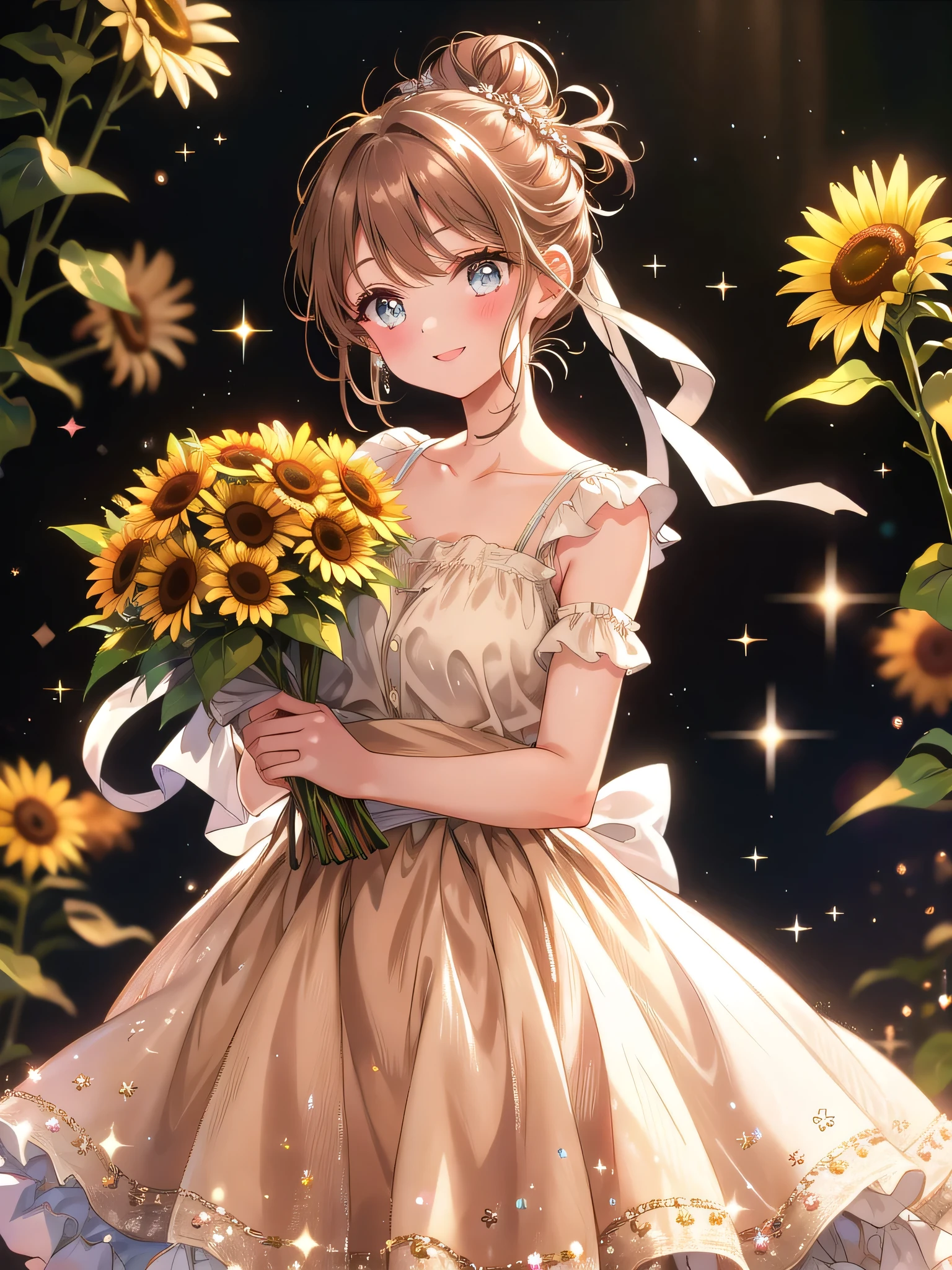 ((8k, Highest quality, masterpiece: 1.3)),Ultra-high resolution,(1 girl, alone), (Color changing eyes, Ultra-detailed, Expressive brilliance, Glitter, Glowing Eyes), Highly detailed eyes, Highly detailed face, Random Hair, ((pastel colour))Picture a woman in a quaint, vintage café with rustic wooden furniture and soft, warm lighting. She’s holding an overflowing bouquet of mixed sunflowers, daisies, and wildflowers, wrapped in a rustic burlap cloth that matches the cozy, nostalgic atmosphere. The bouquet is large, with a wild, natural arrangement that spreads generously, almost reaching her shoulders. She’s dressed in a simple, sleeveless beige dress with a thin brown belt around the waist, and her hair is styled in a messy bun with a few loose strands framing her face. She stands facing the camera, her smile wide and genuine, her eyes reflecting joy and a touch of playfulness as she holds the bouquet forward with both hands, presenting it proudly. The background includes soft, ambient lighting, a small table with coffee cups, and vintage decor, with gentle sparkles adding a warm, magical touch to the scene.