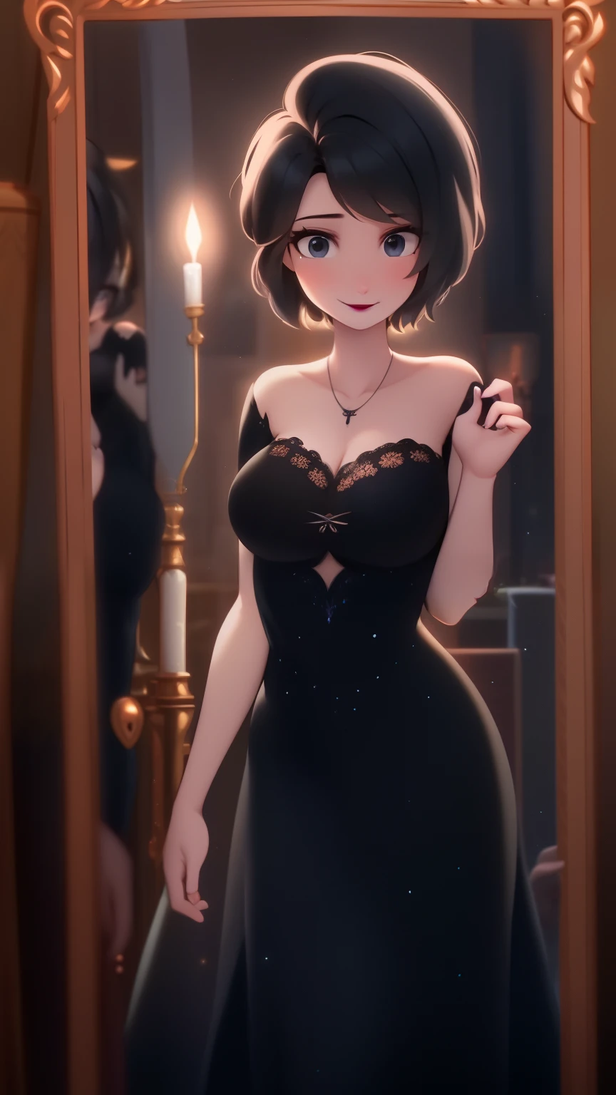 mevis, 1girl, short hair, black hair, solo focus, black eyes, makeup, lipstick, black lips , smile (dark magic), (grim), purple magic on background, ,(intricate details), (hyperdetailed), 8k hdr, high detailed, lot of details, high quality, soft cinematic light, dramatic atmosphere, atmospheric perspective, red lingerie, full body, big , looking at a mirror, mirror reflecting mevis same pose