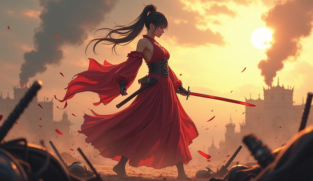 Create an image of a woman in a Japanese anime style, set in a fantasy version of medieval Europe. She stands fiercely on a sunlit battlefield, viewed from a low angle to emphasize her strength and presence. Her expression is fierce and determined, reflecting the intensity of battle. She is wearing a tight-fitting, sexy geisha dress that combines traditional Japanese elements with a fantasy twist, showcasing her confidence and power. In her hand, she holds a bloody samurai sword, indicating her prowess and recent combat. The scene is set on a sunny day, with rays of light highlighting her as the central figure. Around her are fallen samurai warriors, adding to the dramatic atmosphere of the battlefield. The background should feature hints of medieval and fantasy elements, such as distant castles and smoke rising from battle, with scattered weapons and armor. The overall image should convey a powerful blend of action, drama, and fantasy, focusing on the warrior woman as the commanding central figure.